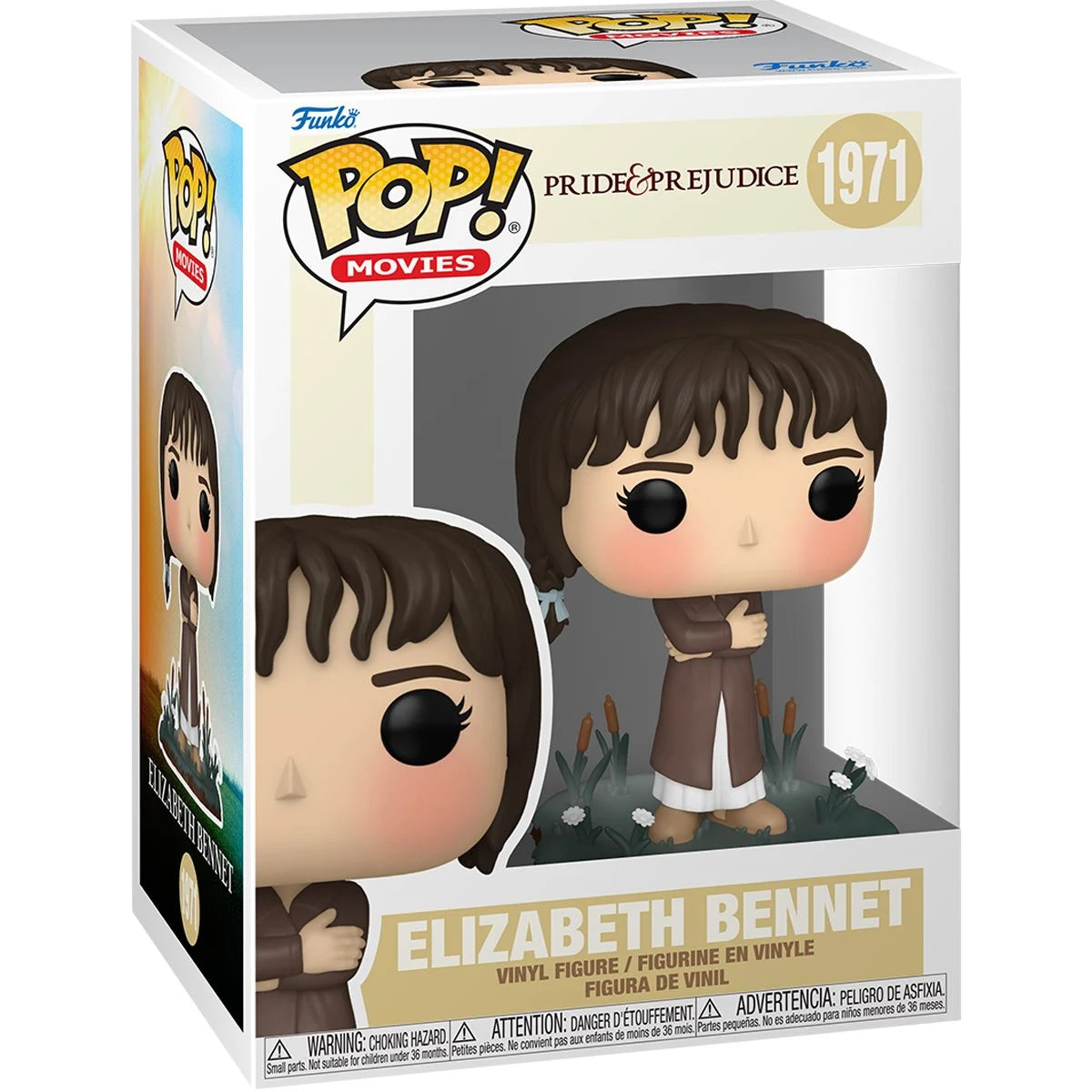 A card board box with a transparent front, containing a bobblehead figure depicting Elizabeth Bennet from the 2005 film Pride & Prejudice.