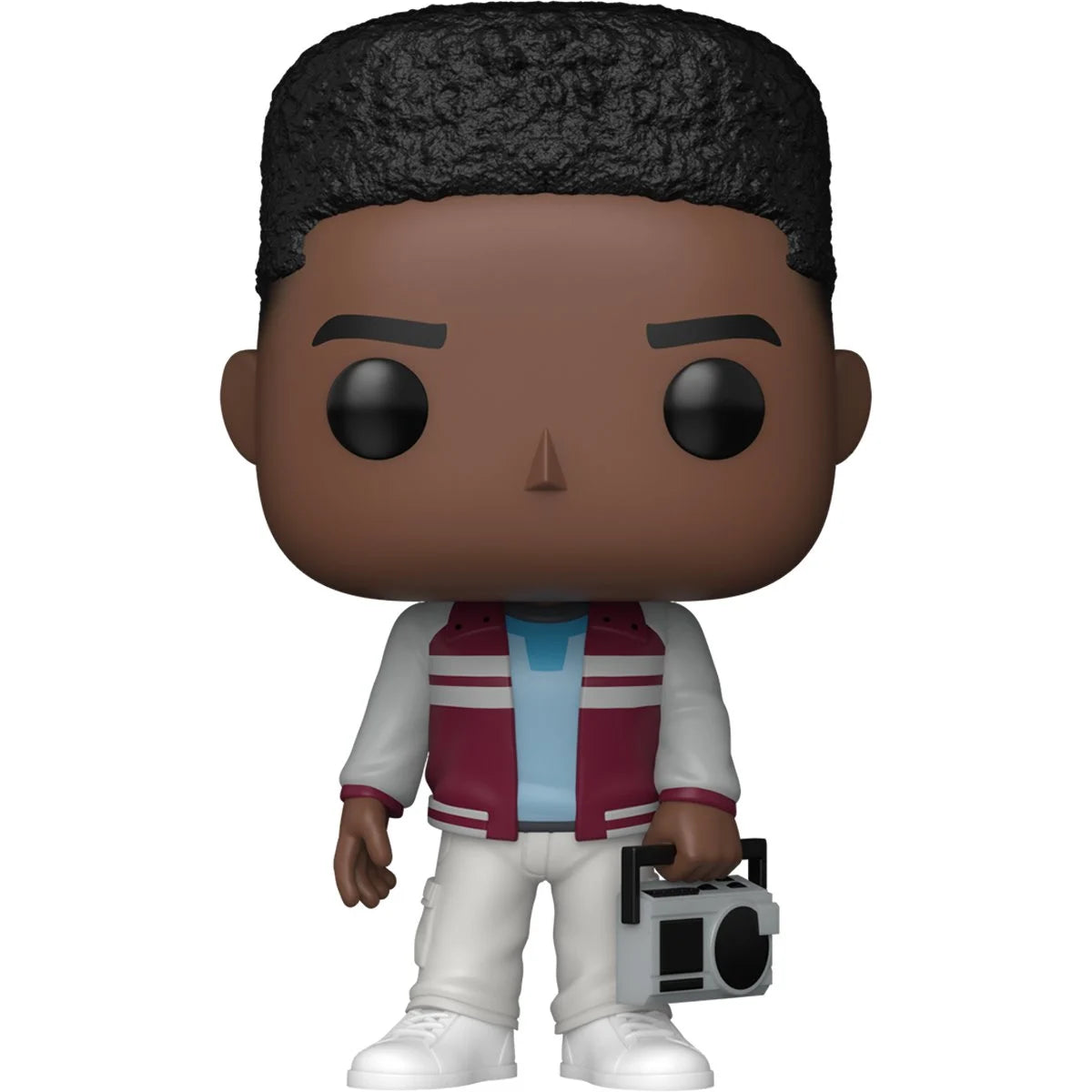 A bobblehead figure depicting Lucas Sinclair from the TV series Stranger Things, against a white background. He is wearing white pants and a maroon jacket, and carrying a radio in one hand.