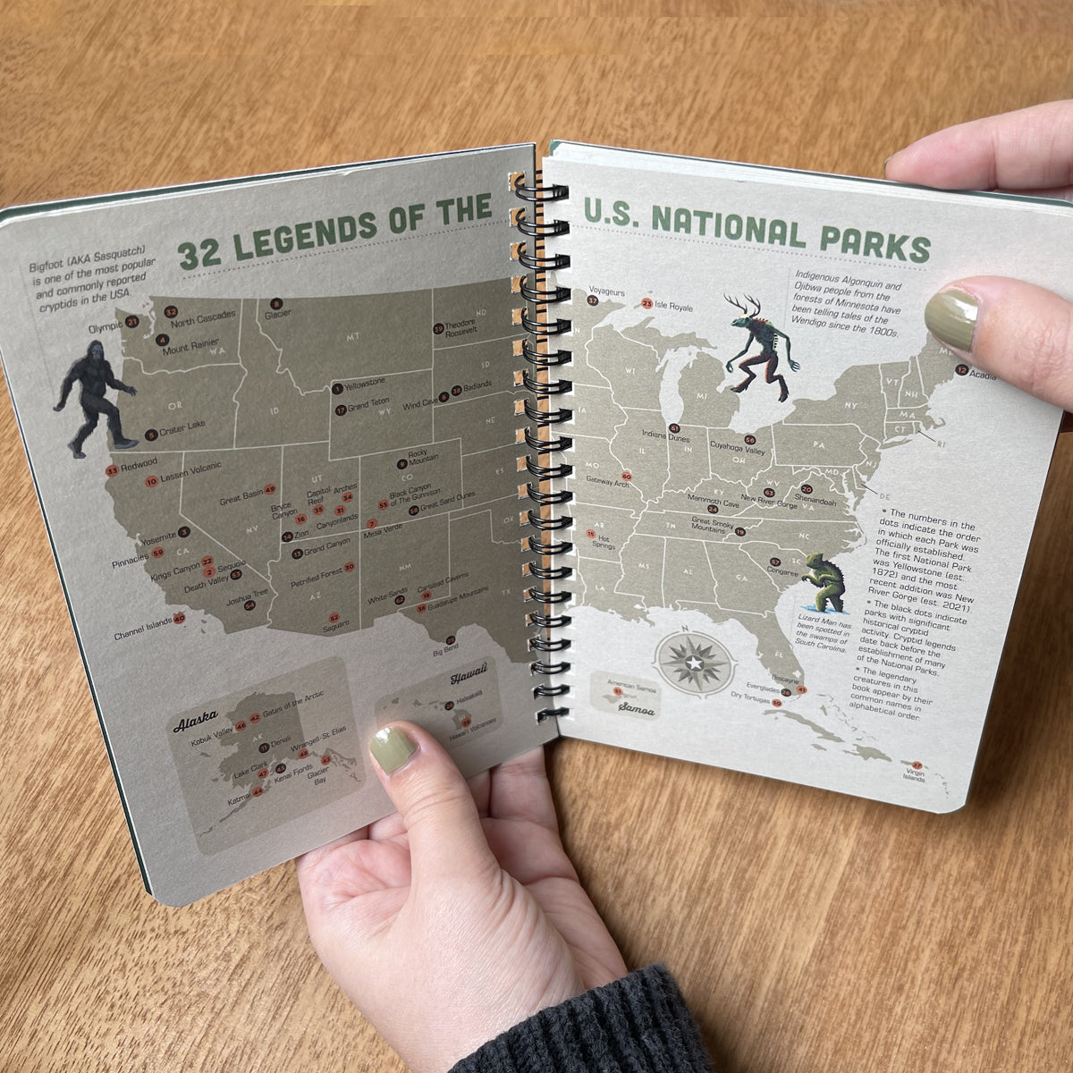Open book showing maps and text about U.S. National Parks and legends, held by a person on a wooden surface.