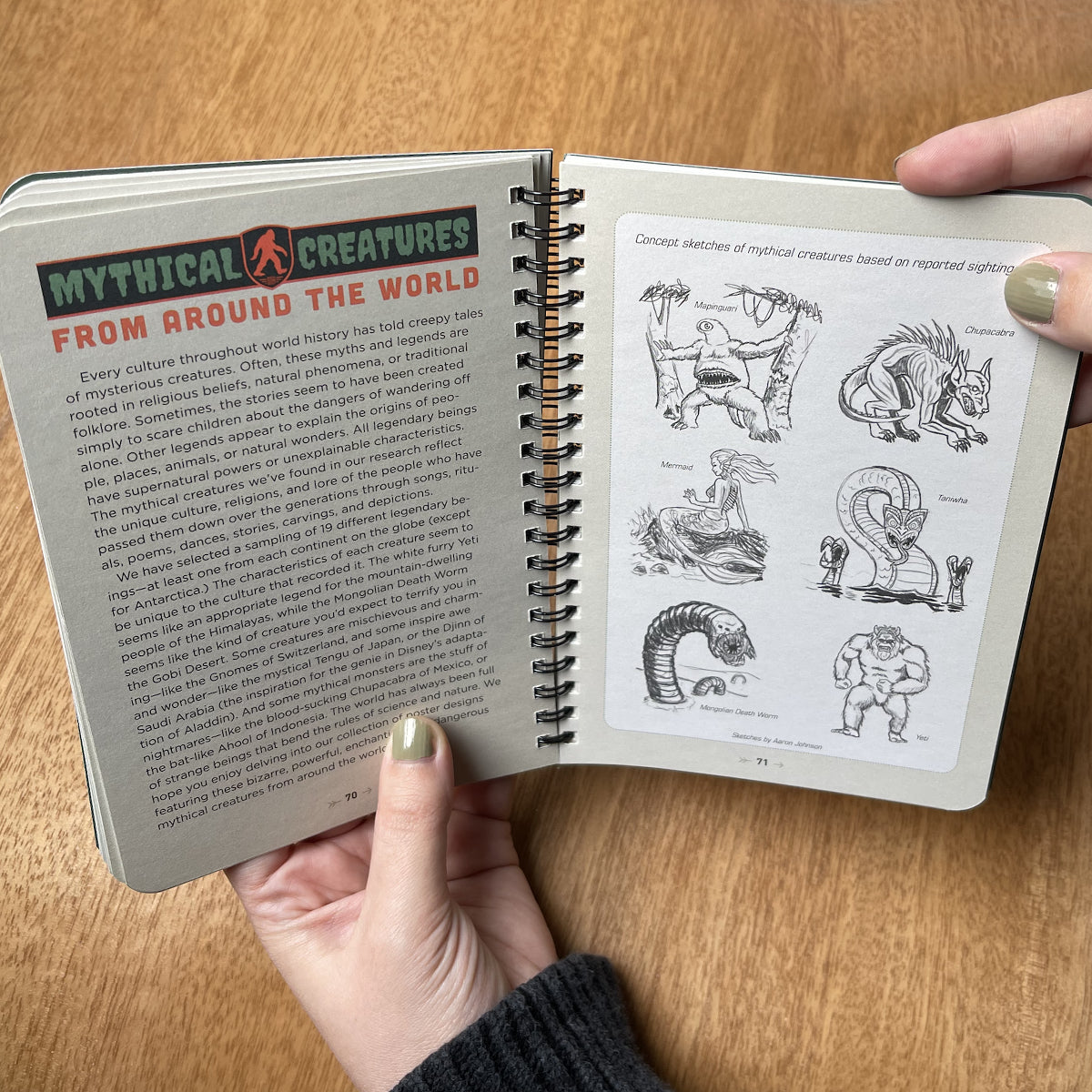 Open book with illustrations of mythical creatures on a wooden surface