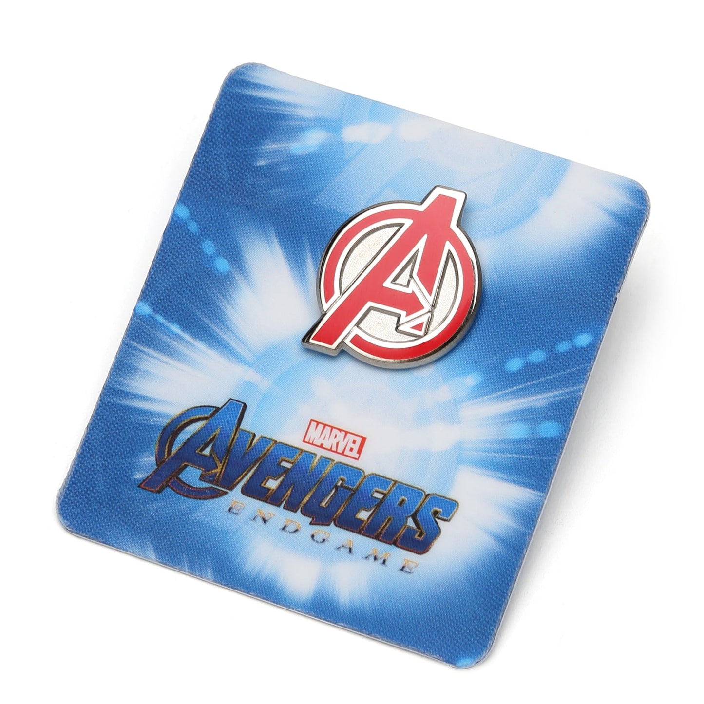 Avengers logo lapel pin with red and silver design on a white background