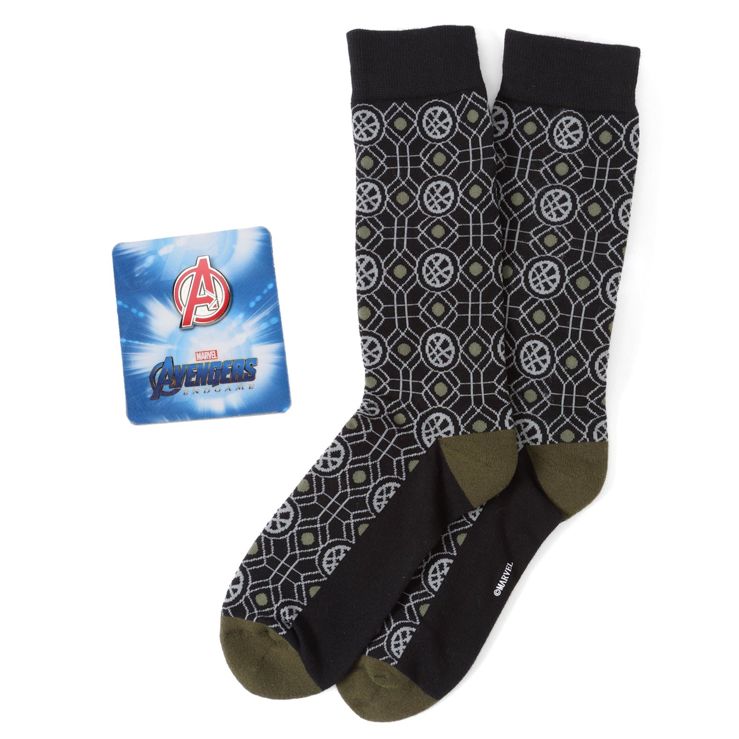 Patterned socks with a Marvel Avengers lapel pin on a white background