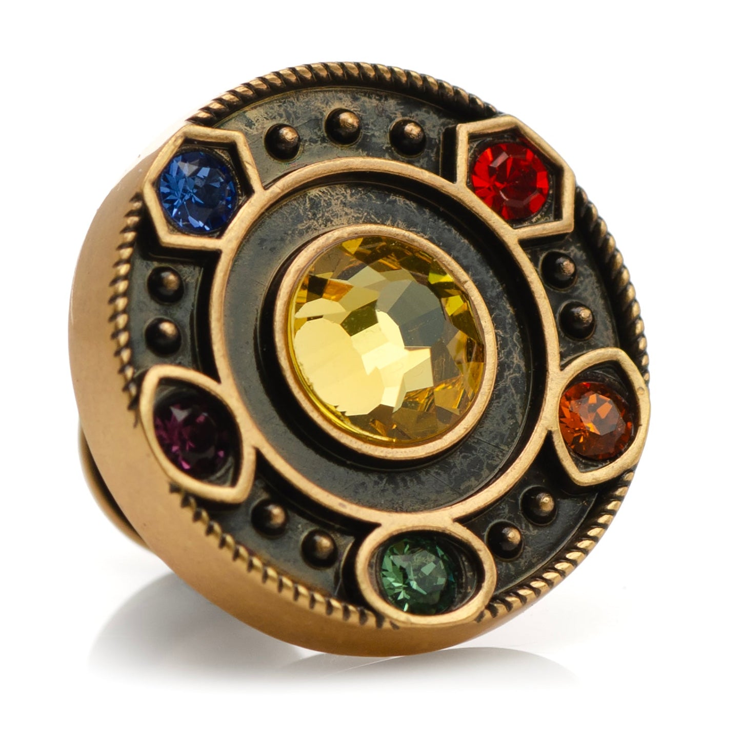 Gold lapel pin depicting the Marvel infinity stones