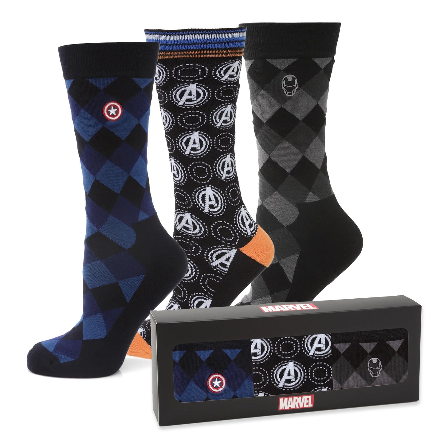 Three pairs of socks with patterned design and a Marvel branded box on a white background