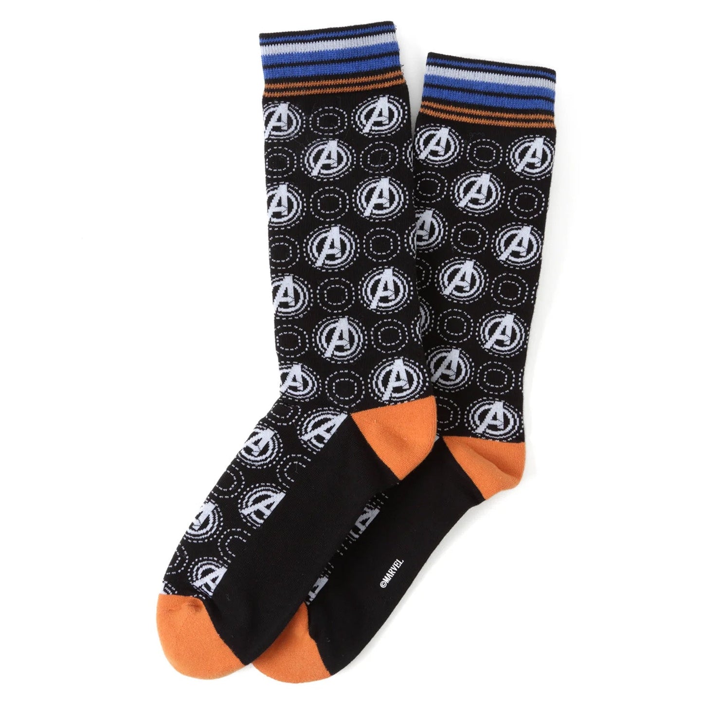 Two socks with Avengers logo pattern on a white background