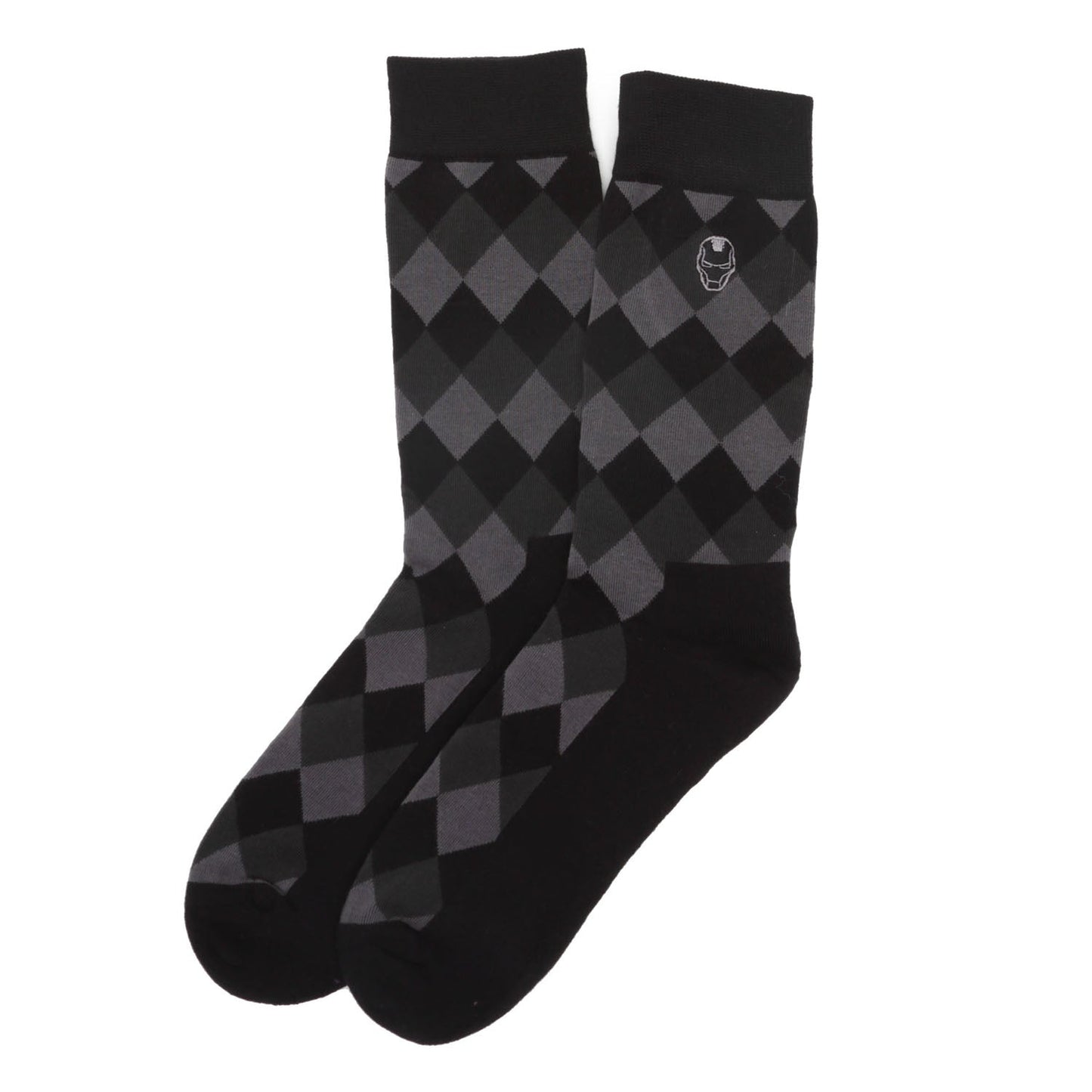 Black and gray argyle patterned socks on a white background