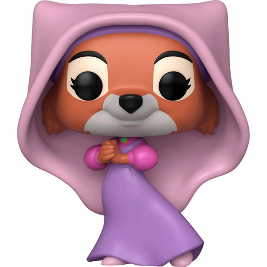 A bobblehead figure depicting Maid Marion from Disney's animated "Robin Hood" film, in her purple dress and head scarf, against a white background.