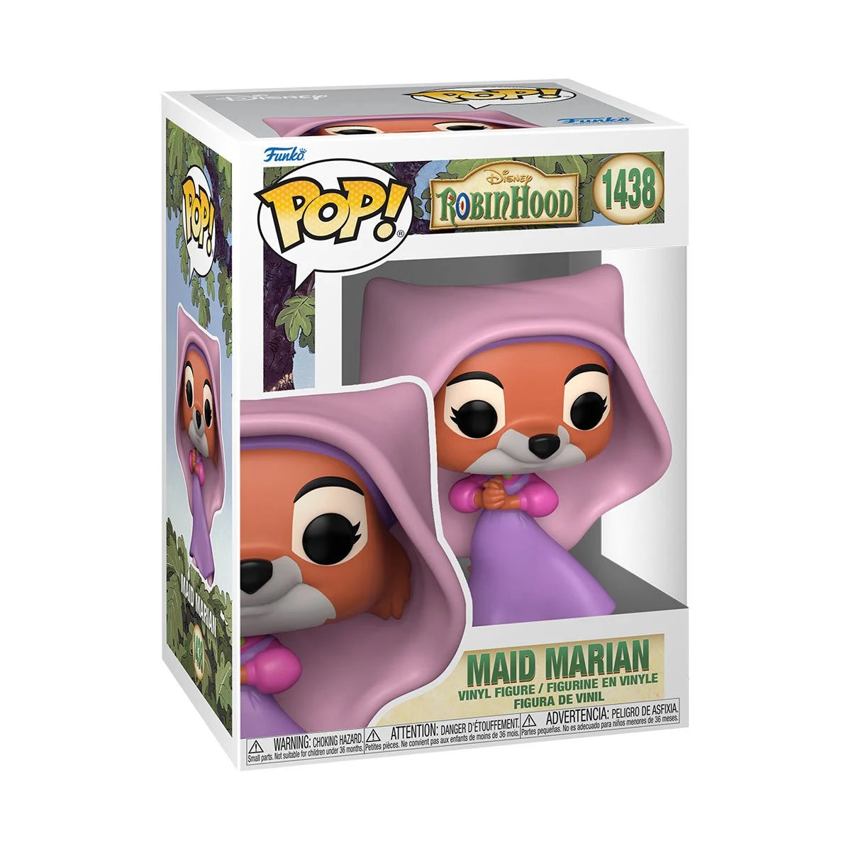 A cardboard box with a transparent front, containing a bobblehead figure depicting Maid Marion from Disney's animated "Robin Hood" film, in her purple dress and head scarf.