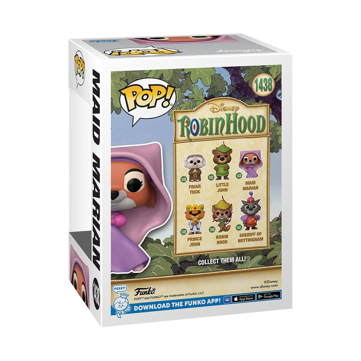 A cardboard box with a transparent front, containing a bobblehead figure depicting Maid Marion from Disney's animated "Robin Hood" film, in her purple dress and head scarf.