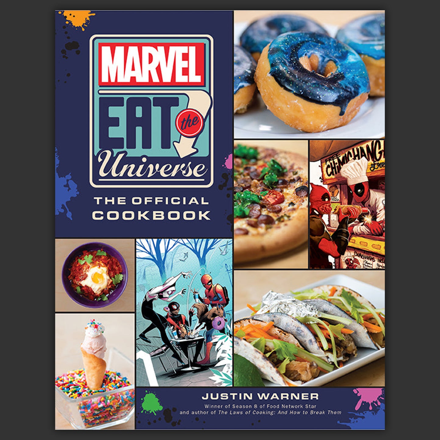 Collage of a Marvel cookbook cover with food images and superhero illustrations.