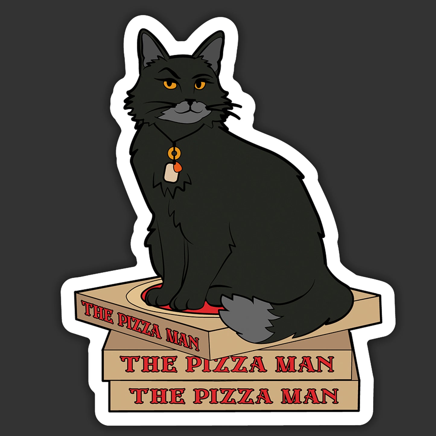 Black cat sitting on a 'The Pizza Man' box with a dark background