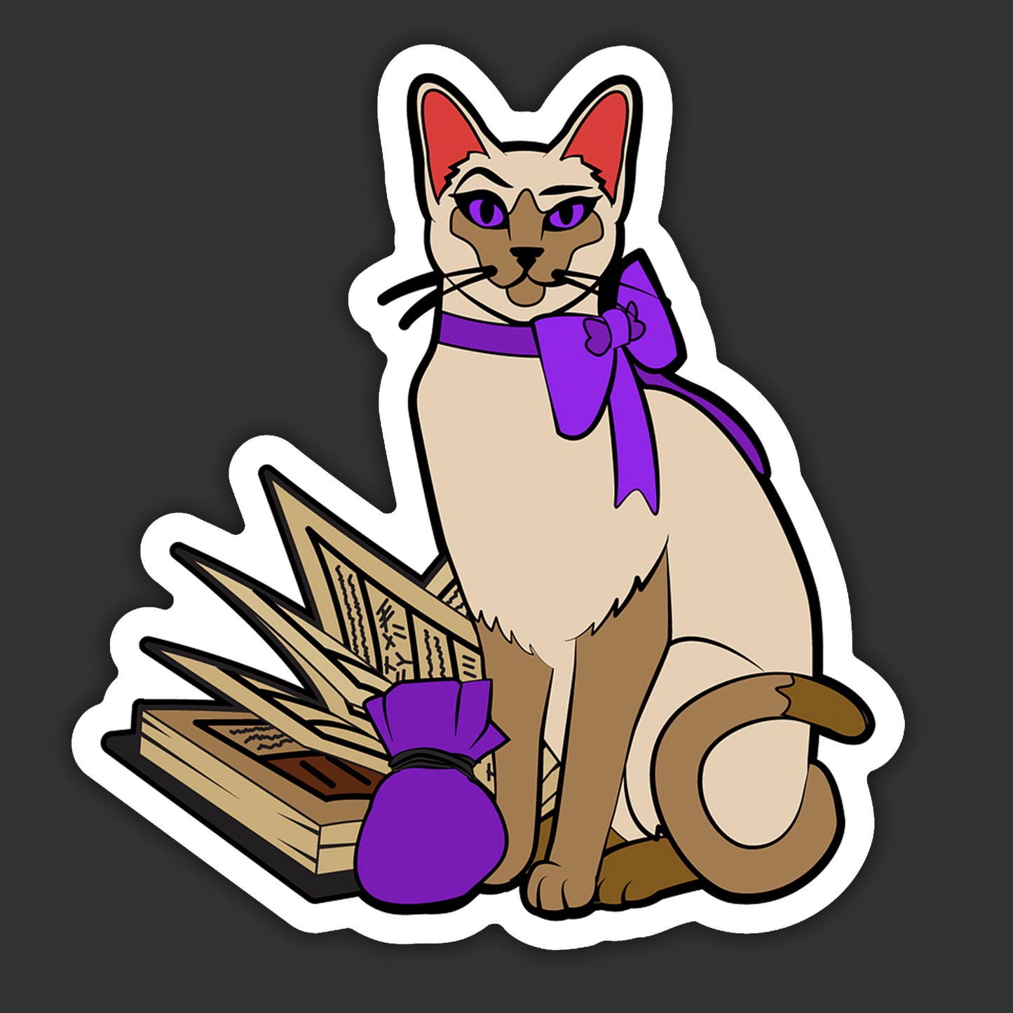 Illustration of a cat with a purple bow, books, and a purple bag on a dark background