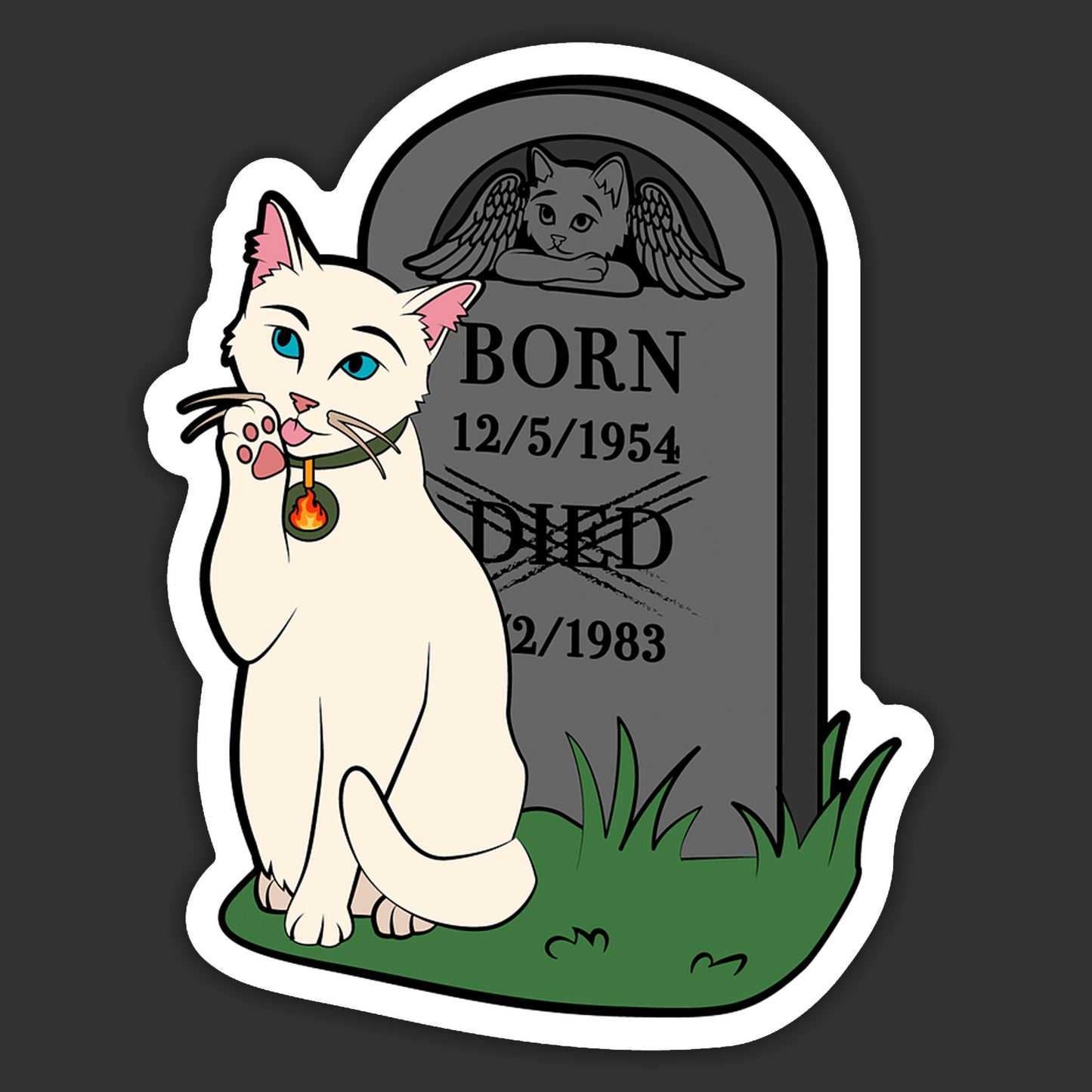 Cartoon cat with a tombstone and text on a dark background