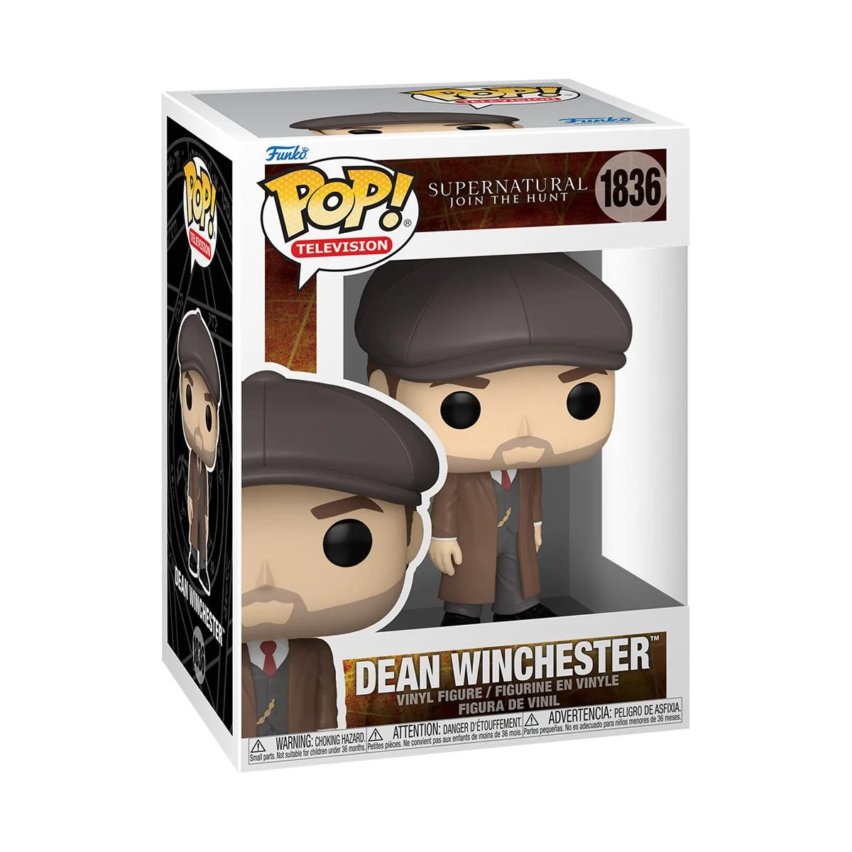 A cardboard box with a transparent front, containing a bobblehead figure depicting the character Dean Winchester, as Michael, wearing a long coat and cap.