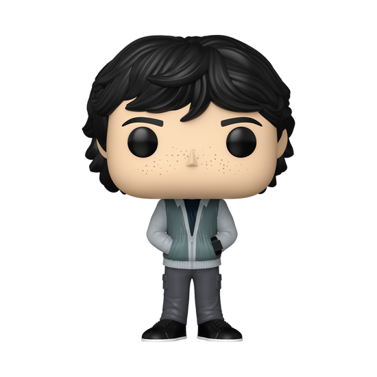 A bobblehead figure depicting Mike Wheeler from the TV series Stranger Things, against a white background. He is wearing grey pants and a grey hoodie, with his hands tucked into the pockets.