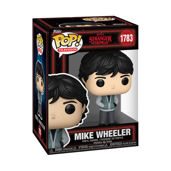 A cardboard box with a transparent front, containing a bobblehead figure depicting Mike Wheeler from the TV series Stranger Things. He is wearing grey pants and a grey hoodie, with his hands tucked into the pockets.