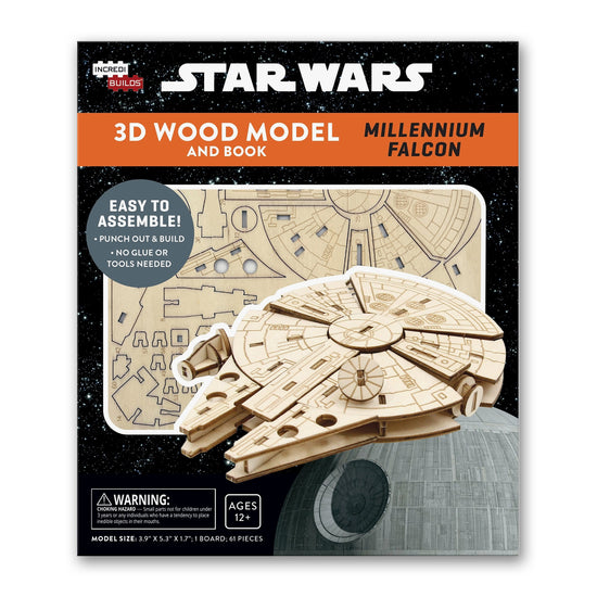 Load image into Gallery viewer, A box depicting the Millennium Falcon, with a wood model version next to it. Below the ship is a wood sheet with the model parts to be assembled. In the background is a field of stars.
