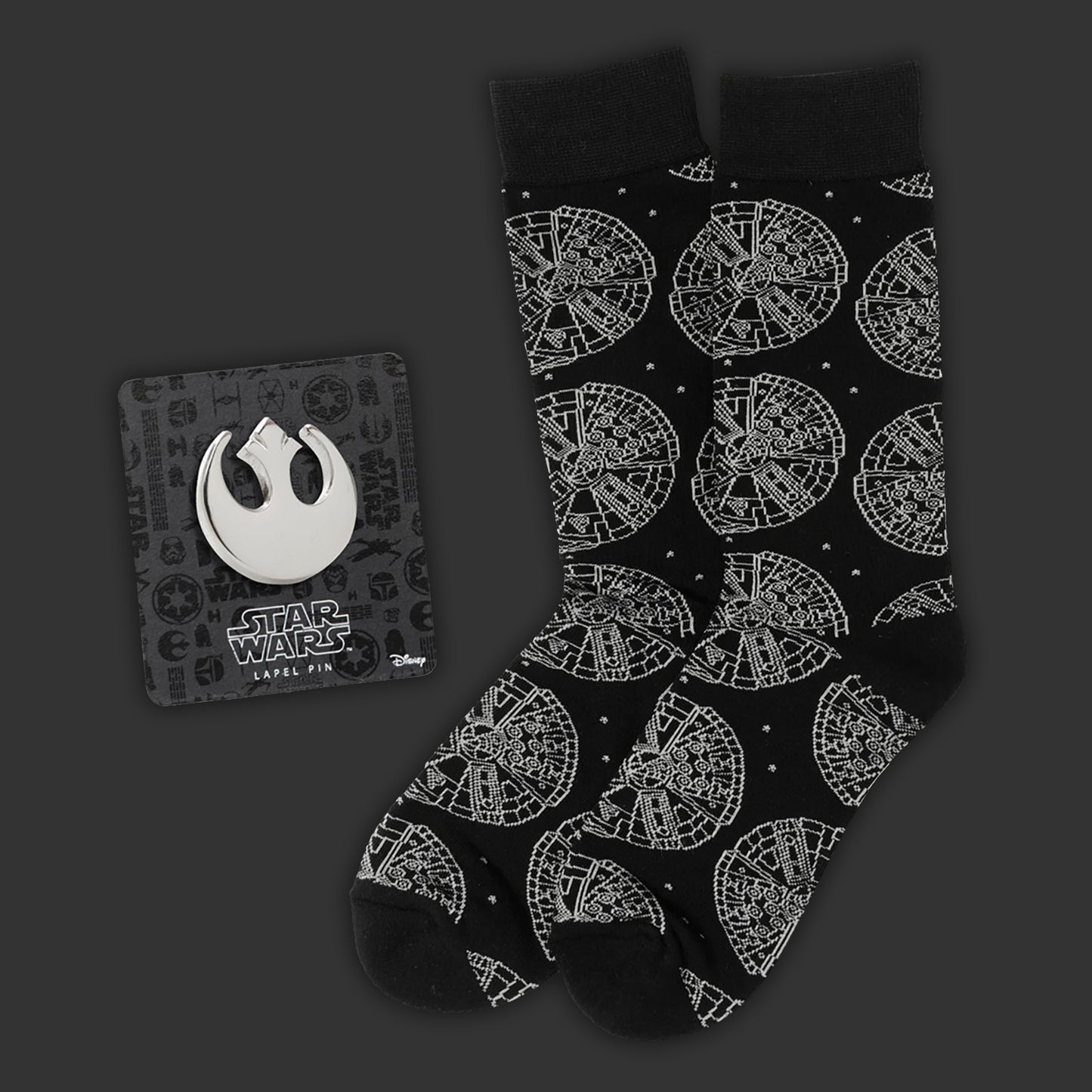 Star Wars Millennium Falcon Black Dress Socks and Lapel Pin Gift Set | Socks
