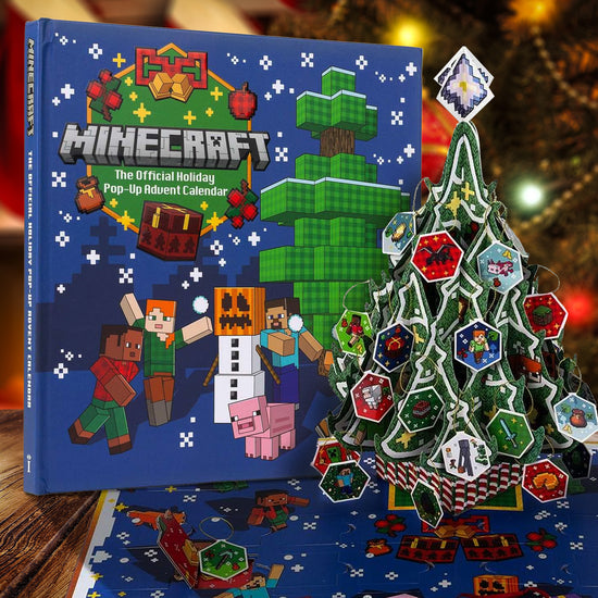 Minecraft advent calendar on a wooden surface with festive background