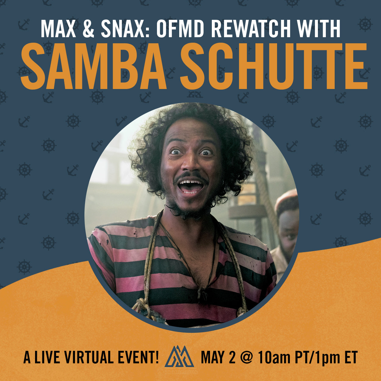 Promotional poster for a live virtual event featuring Samba Schutte with a blue and orange background.