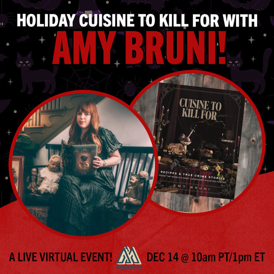 Promotional graphic for a live virtual event featuring Amy Bruni with text about holiday cuisine.