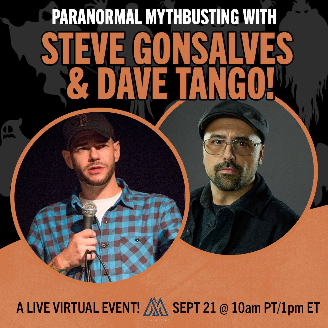 Promotional graphic for paranormal mythbusting event featuring Steve Gonsalves and Dave Tango with event details.