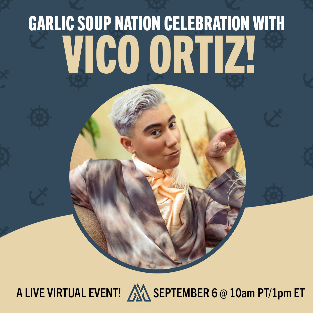 An image of actor Vico Ortiz in a colorful suit, in the center of a yellow and blue background. At the top is white and yellow text that says "garlic soup nation celebration with vico ortiz!"