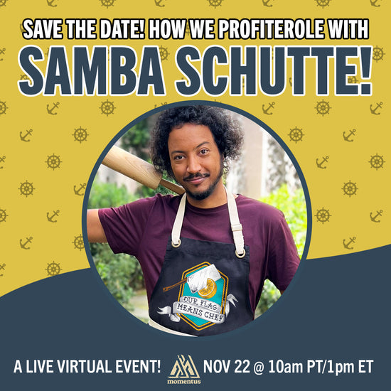 Yellow and blue promotional graphic for a live virtual event featuring Samba Schutte with a person wearing a branded apron. The background has a repeating pattern of anchors and nautical steering wheels.