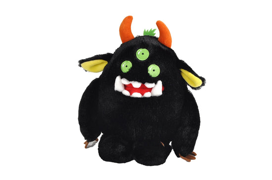 An image of a black plushie against a white background. The plushie has three green eyes, white fangs, and orange horns on the top of its head. Sticking out the sides of the plushie's head are black ears with yellow insides.  At the end of its long arms are brown fingers. 