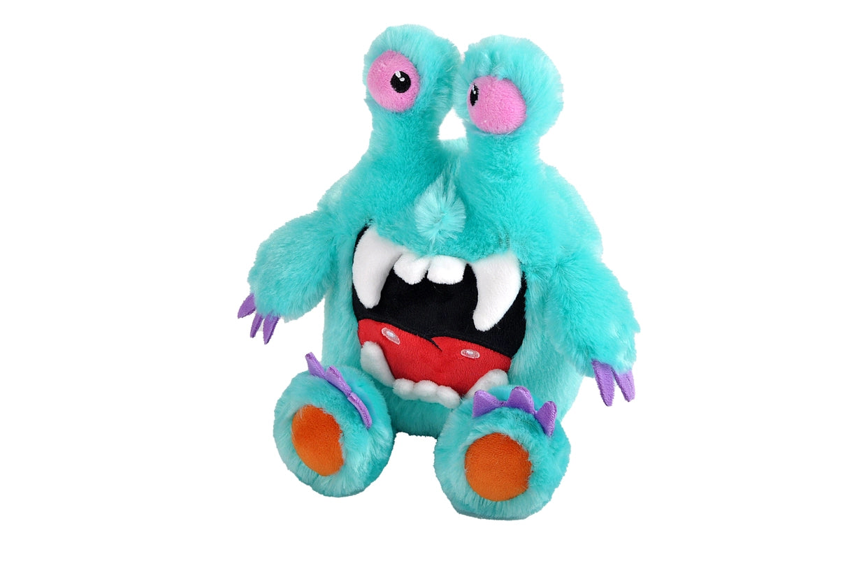 An image of a blue plushie against a white background. The plushie has two long eyestalks at the top of his head, with purple eyeballs. His mouth is open white, showing white fangs, and a red tongue against black. Purple claws are on his hands and feet