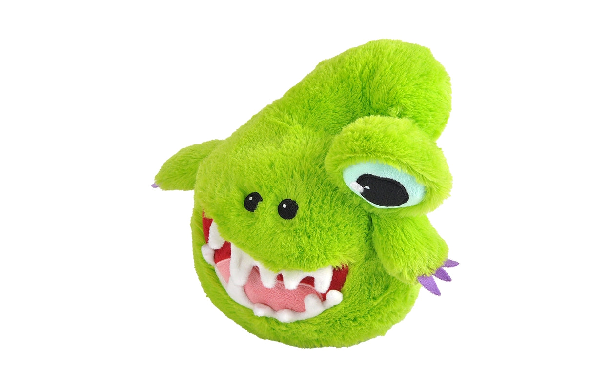 An image of a green plushie against a white background. The plushie has a wide mouth with many teeth, two black eyes, and a long stalk at the top of his head with a giant eye at the tip. Two arms stick out from his sides, with purple claws