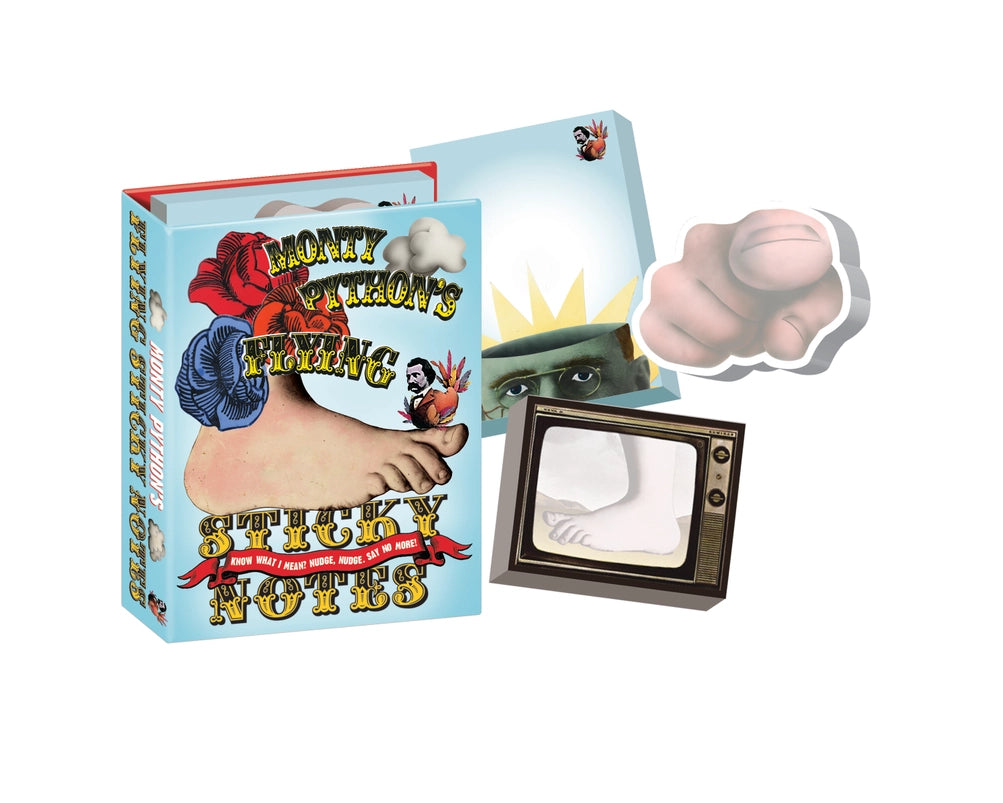 A light blue book of sticky notes on a white background. On the cover is a depiction of the Monty Pytho's Flying Circus logo. Next to the book are sticky notes from the collection, deaturing images from the iconic TV series.