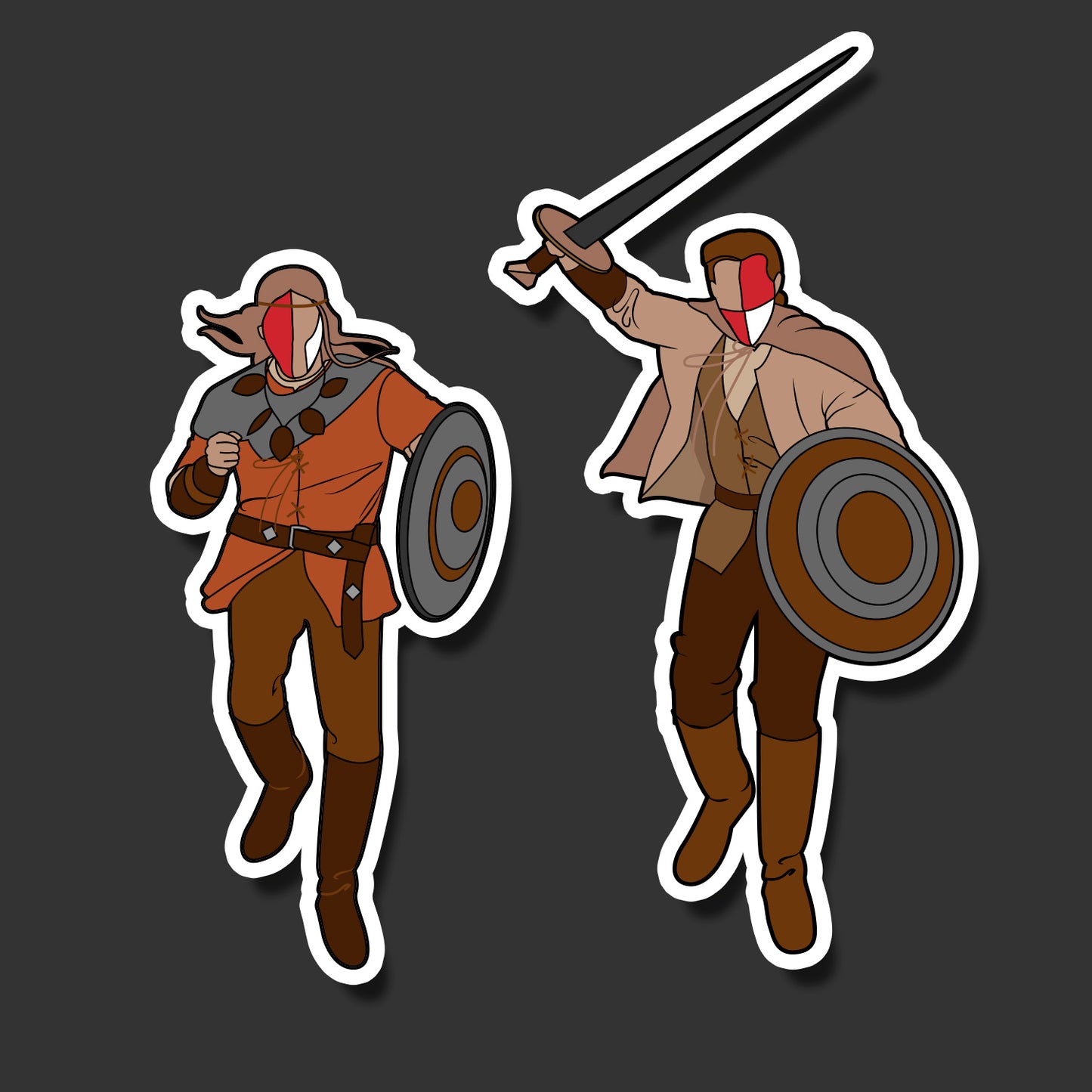 Two stickers depicting Sam and Dean from Supernatural in their Moondoor costumes