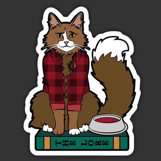 Cartoon cat in plaid pajamas with a book and bowl on a dark background