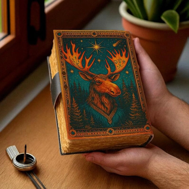 A leather journal featuring an image of a moose on the cover