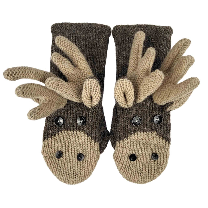 A pair of brown and tan mittens on a white background. The mittens are designed to look like moose heads, with black buttons for the eyes and nose, and woolen antlers sticking up at the middle.