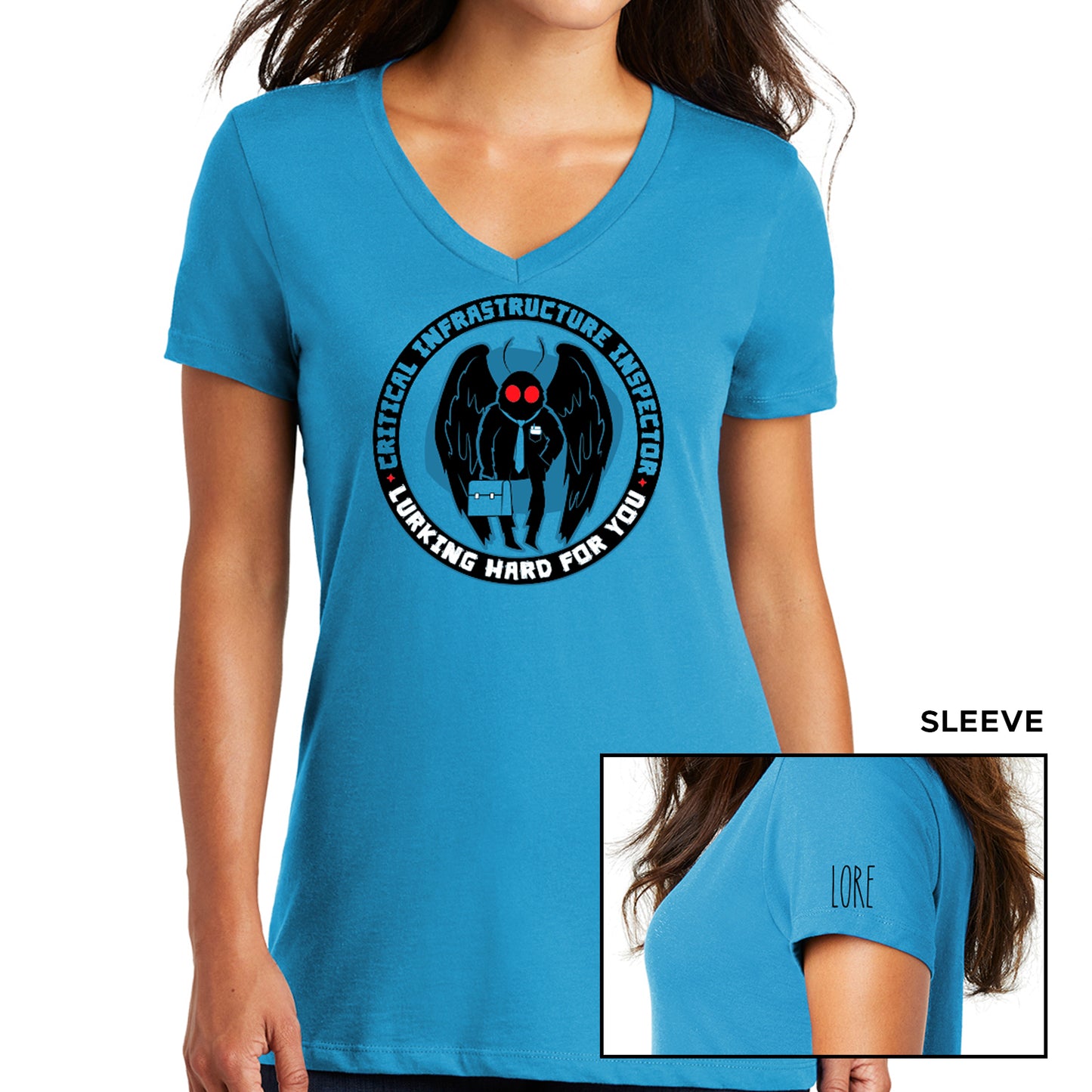 A female model wearing a turquoise, short-sleeved, V-neck tee. The tee has a black ring/circle printed with the words "Critical infrastructure inspector" in turquoise font and "Working hard for you" in white font. Within the ring is a black cartoon Mothman with red eyes, a turquoise tie, and a turqouise briefcase set against a darker shadow. One sleeve features the 'LORE' logo in black.