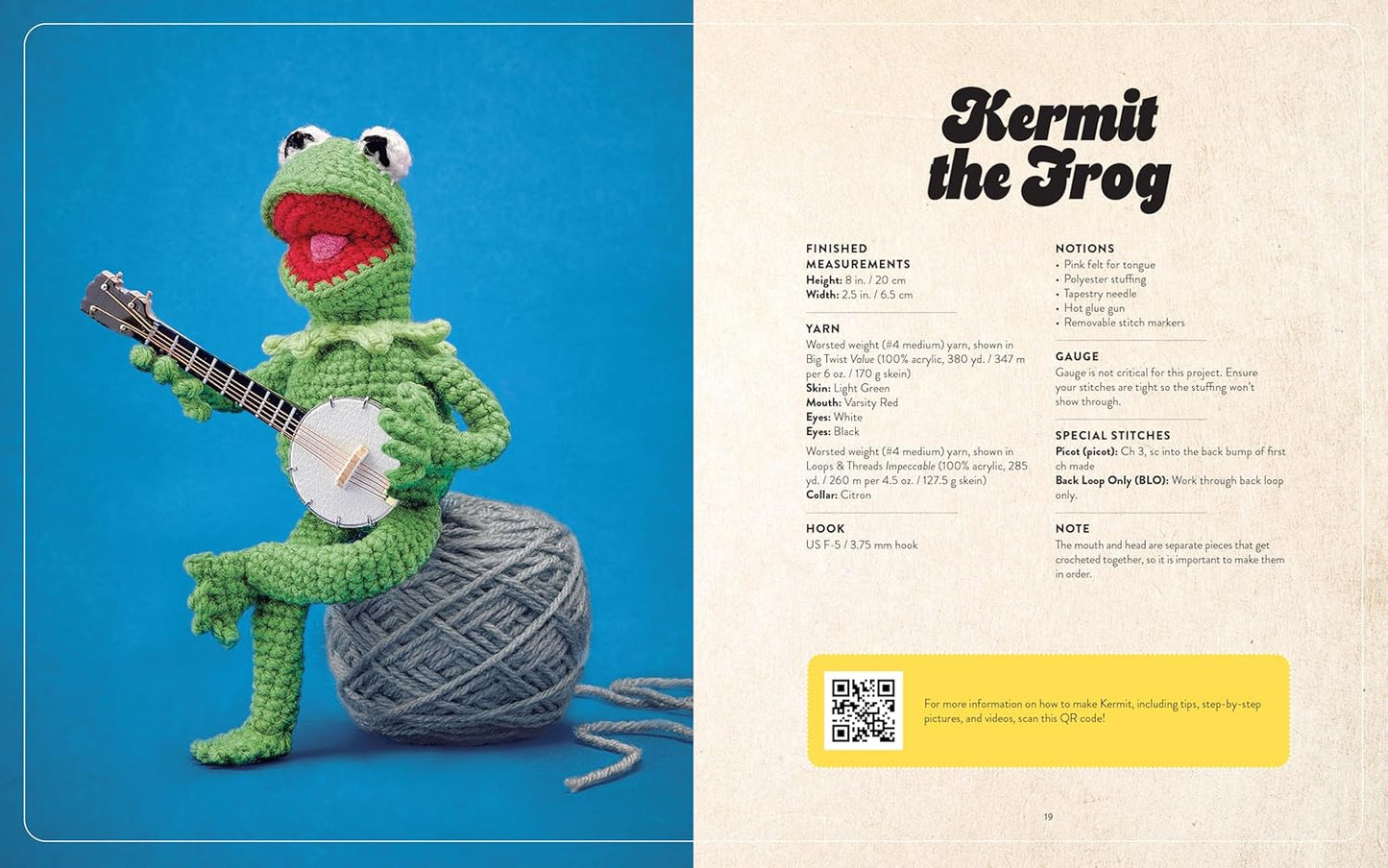A two-page spread from the book featuring instructions for making a crochet Kermit the Frog.