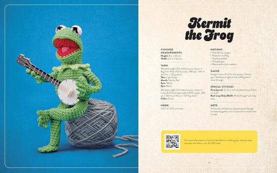 A two-page spread from the book featuring instructions for making a crochet Kermit the Frog.