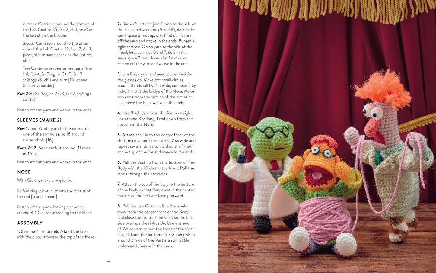 A two-page spread from the book featuring instructions for making crochet Muppets.