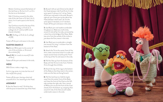 A two-page spread from the book featuring instructions for making crochet Muppets.