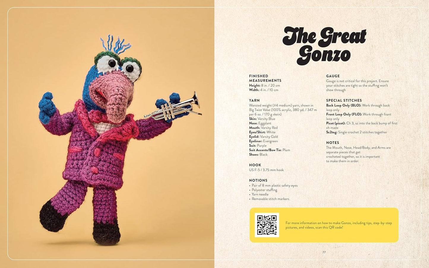 A two-page spread from the book featuring instructions for making a crochet Gonzo.