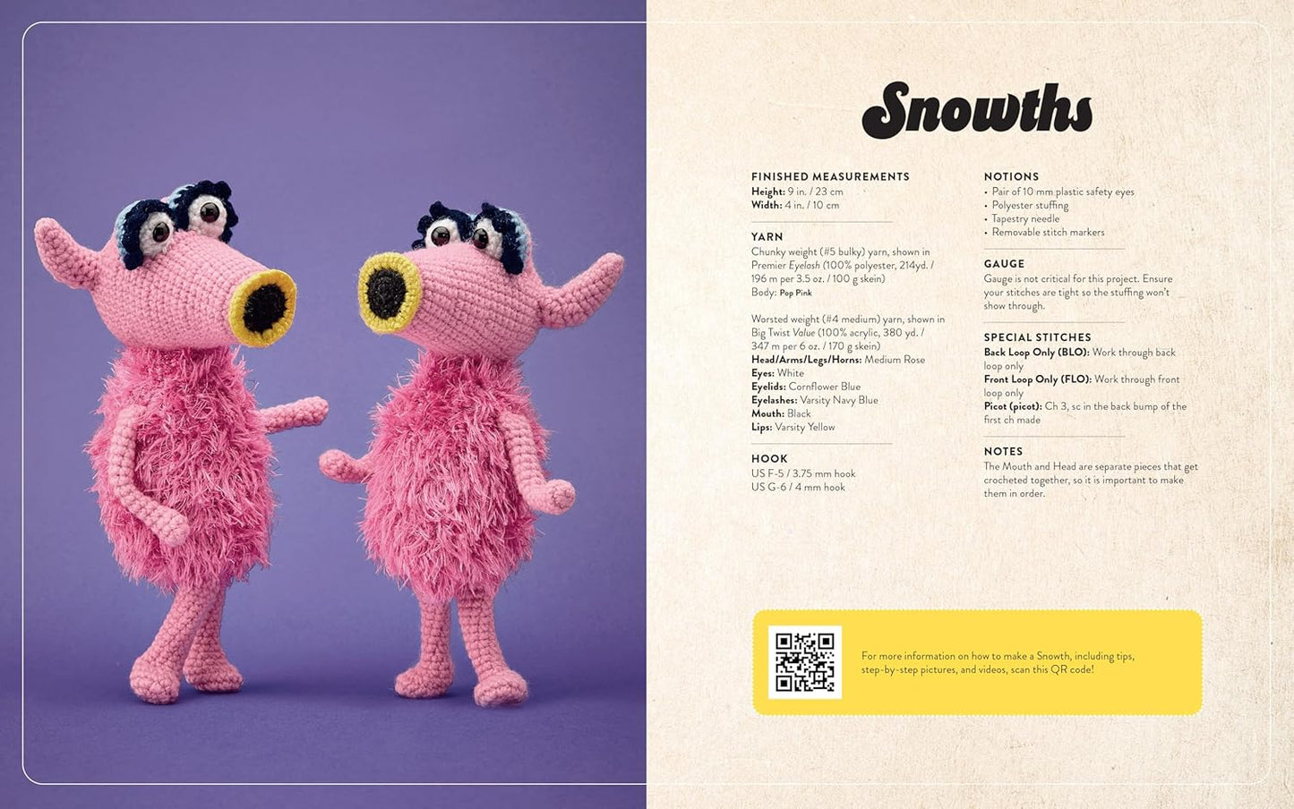 A two-page spread from the book featuring instructions for making crochet Snowths.