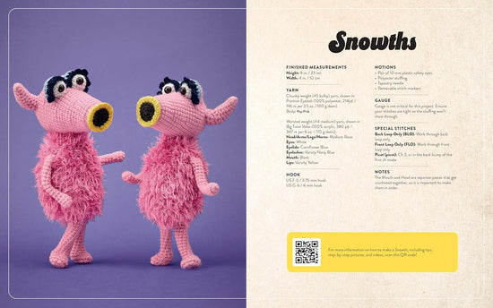 A two-page spread from the book featuring instructions for making crochet Snowths.