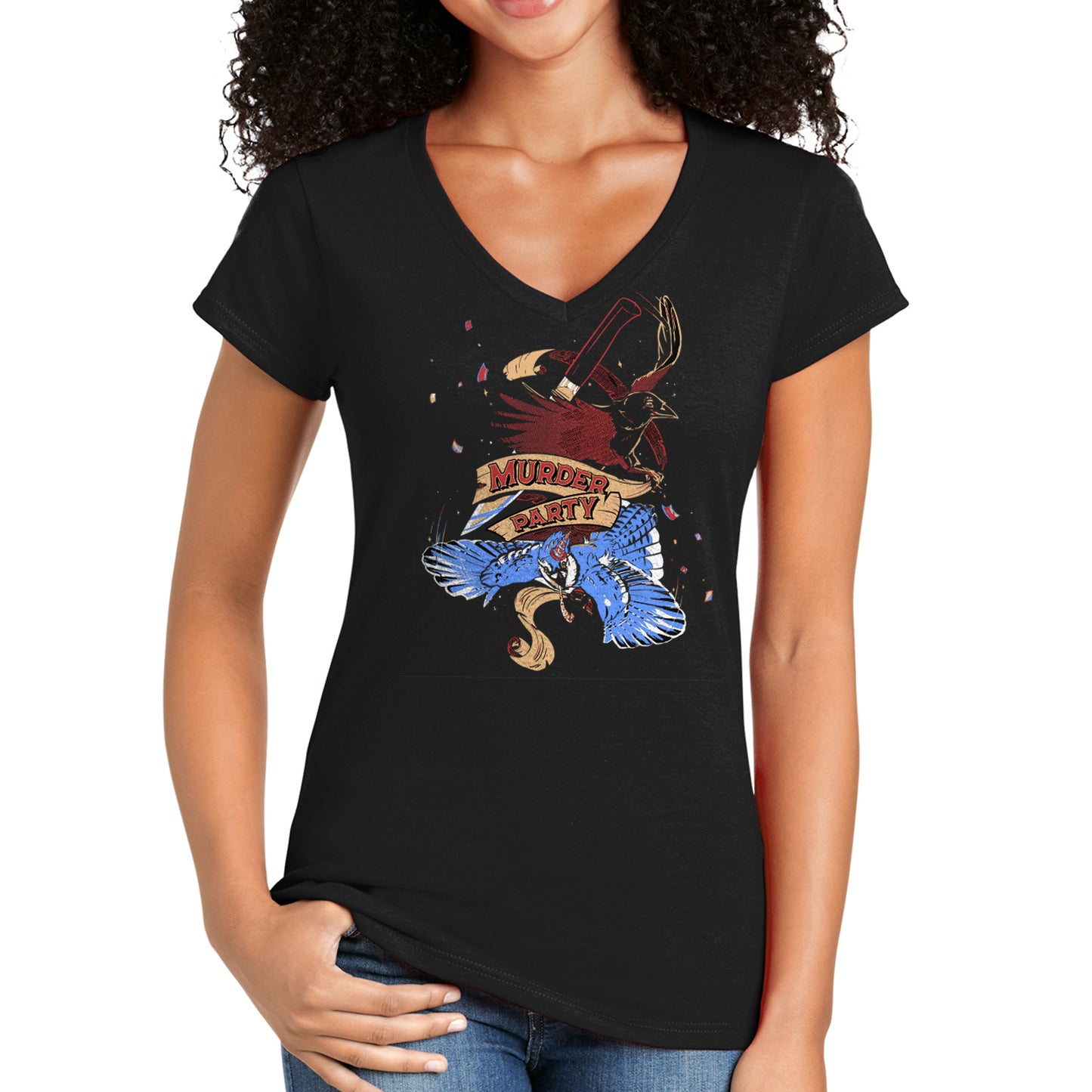 An image of a female model wearing a black T-shirt with a drawing of two crows on the front, one in red, the other in blue. At the center in red text is "murder party."