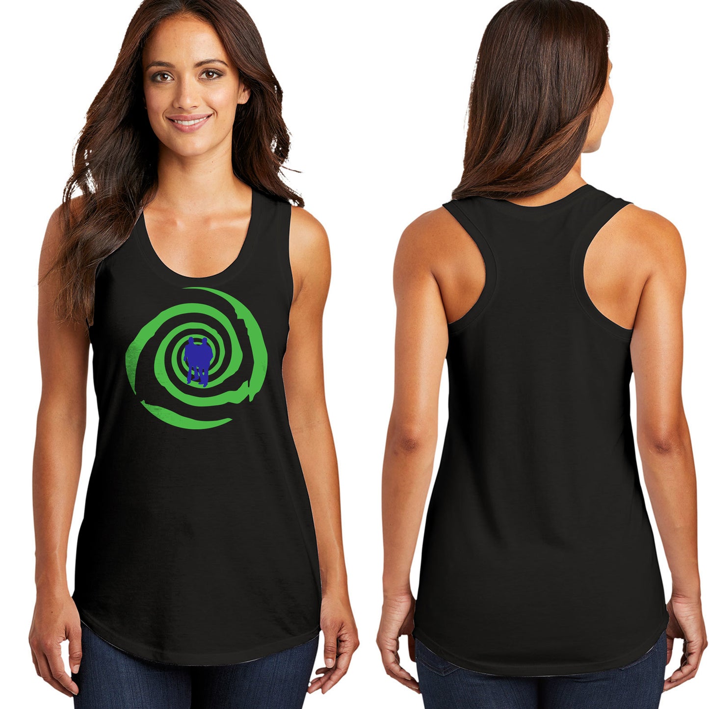 Front and back of a female model in a black tank top. On the front is a green spiral with a blue silhouette of Sam and Dean Wincehster.