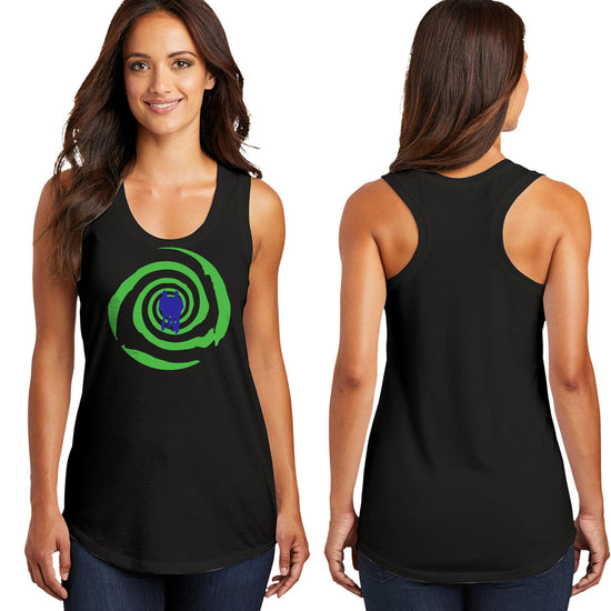 Front and back of a female model in a black tank top. On the front is a green spiral with a blue silhouette of Sam and Dean Wincehster.