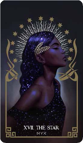 Load image into Gallery viewer, A tarot card from the deck, depicting Nyx from greek mythology, with text saying &amp;quot;XVII The Star.&amp;quot;
