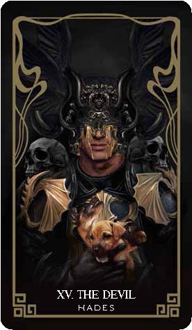 A tarot card from the deck, depicting Hades from greek mythology, with text saying "XV the devil."