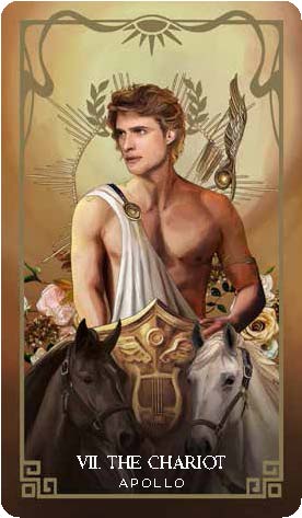 A tarot card from the deck, depicting Apollo from greek mythology, with text saying "VII The chariot."